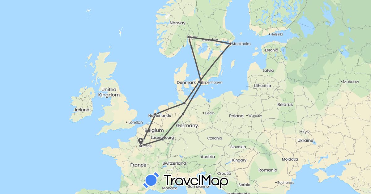 TravelMap itinerary: driving, motorbike in Germany, Denmark, France, Luxembourg, Netherlands, Norway, Sweden (Europe)